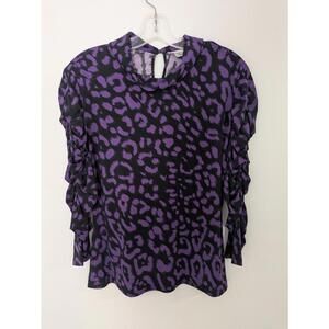 Alberto Makali Purple Black Leopard Cowl Neck Blouse Ruched Ruffle Size Large